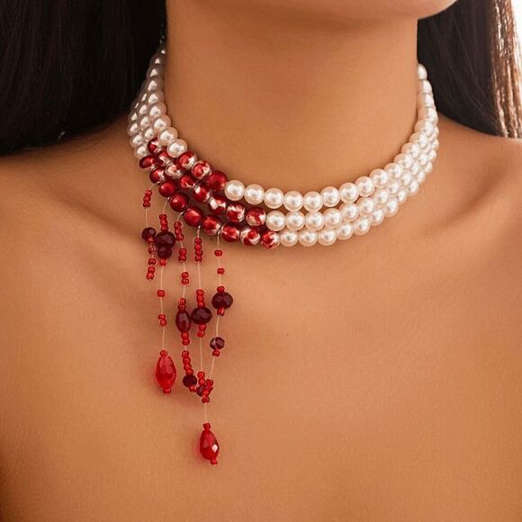 🩸 Goth Vampire Halloween Costume Dripping Blood Pearl Choker Necklace NEW - Picture 2 of 11